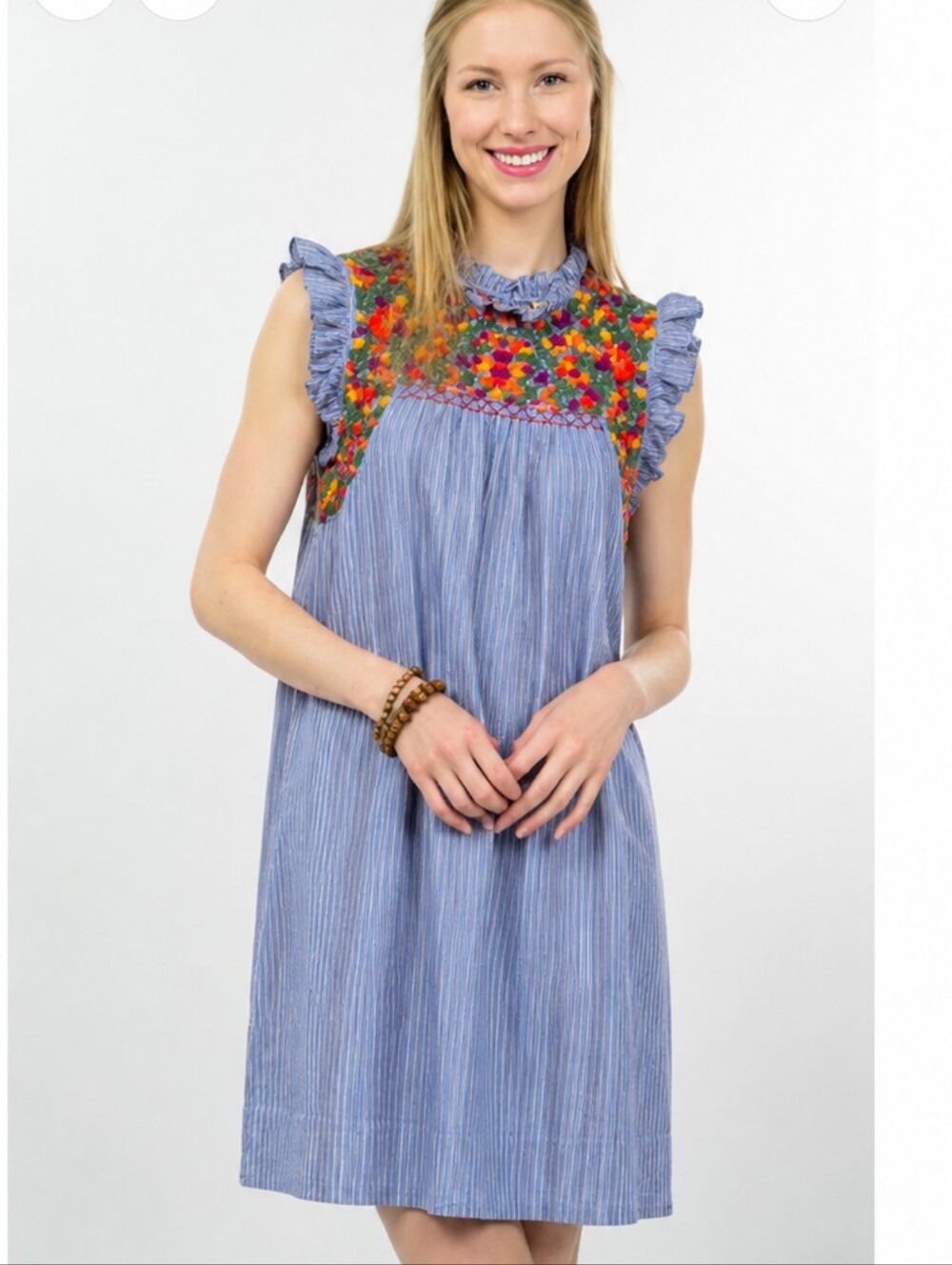 Blue Striped Dress with Colorful Embroidered Yoke